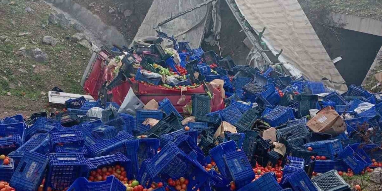Kontrolden çıkan sebze yüklü tır devrildi: 1 yaralı