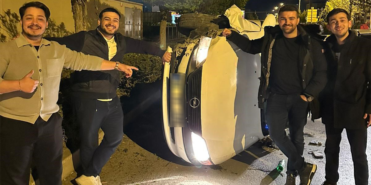 Eskişehir'de gençlerin yan yatan araçla hatıra fotoğrafı