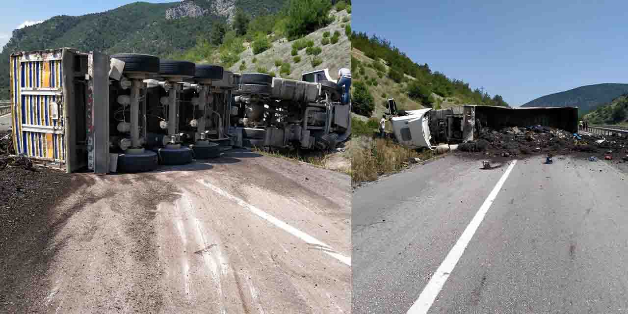 Eskişehir yolunda tır yan yattı, trafik kilitlendi